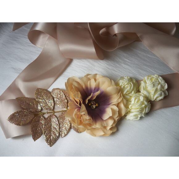 Blush Gold Applique Leaves Floral Rhinestone Bridal Wedding MOB Prom Party Belt - Picture 1 of 6